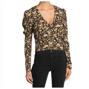 AFRM Women's Wrap Front V-Neck Puff‎ Long Sleeve Top In Fall Bouquet Small $68